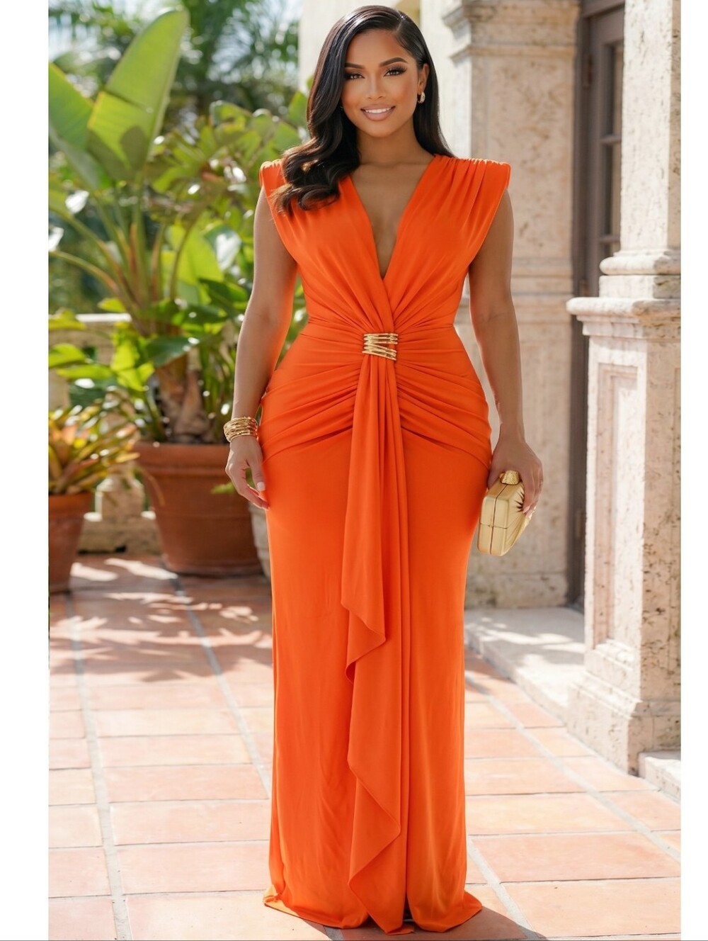 Tarin Elegant Orange Ruched V-Neck Evening Dress